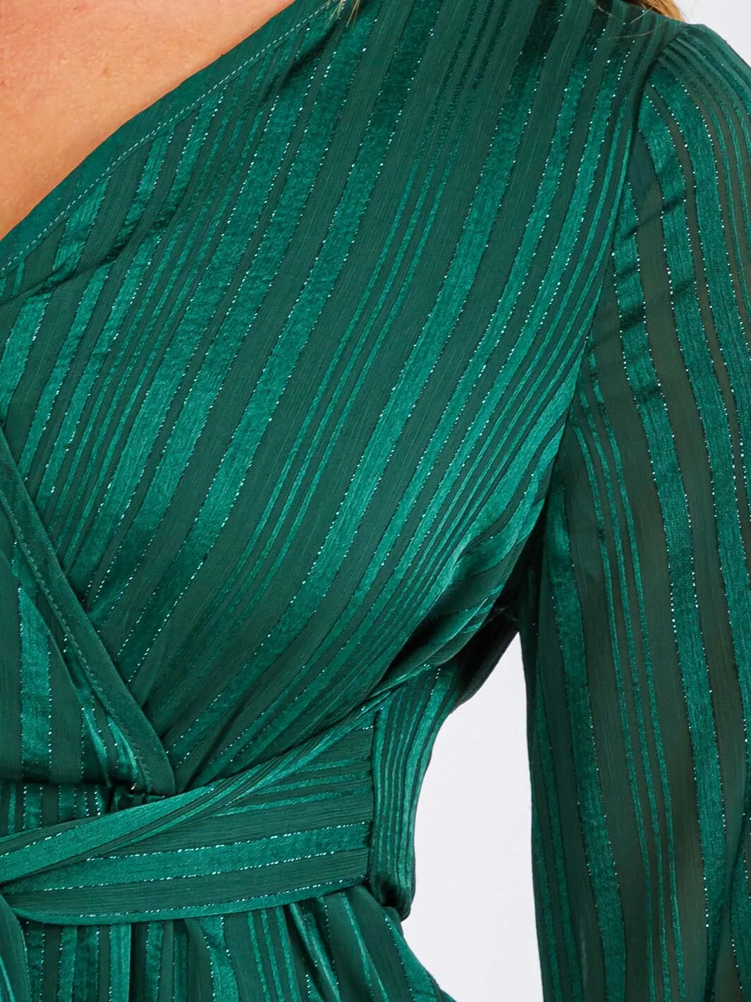 WOMEN'S LONG SLEEVE SURPLICE SELF TIE SHIMMER MAXI DRESS