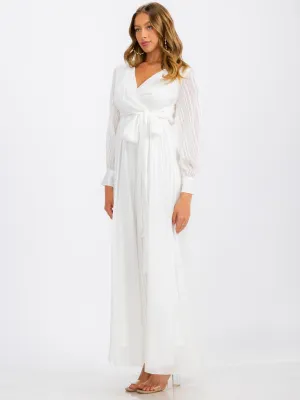 WOMEN'S LONG SLEEVE SURPLICE SELF TIE SHIMMER MAXI DRESS