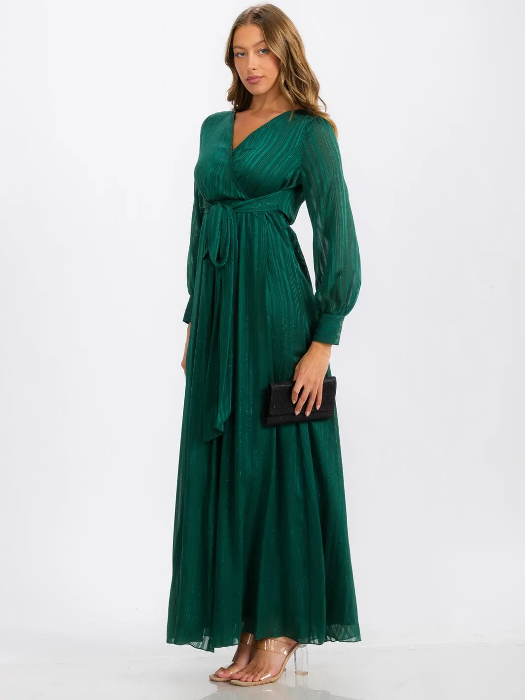 WOMEN'S LONG SLEEVE SURPLICE SELF TIE SHIMMER MAXI DRESS