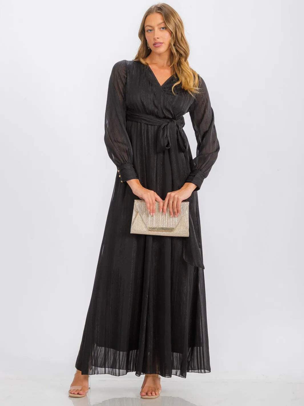 WOMEN'S LONG SLEEVE SURPLICE SELF TIE SHIMMER MAXI DRESS