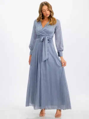 WOMEN'S LONG SLEEVE SURPLICE SELF TIE SHIMMER MAXI DRESS