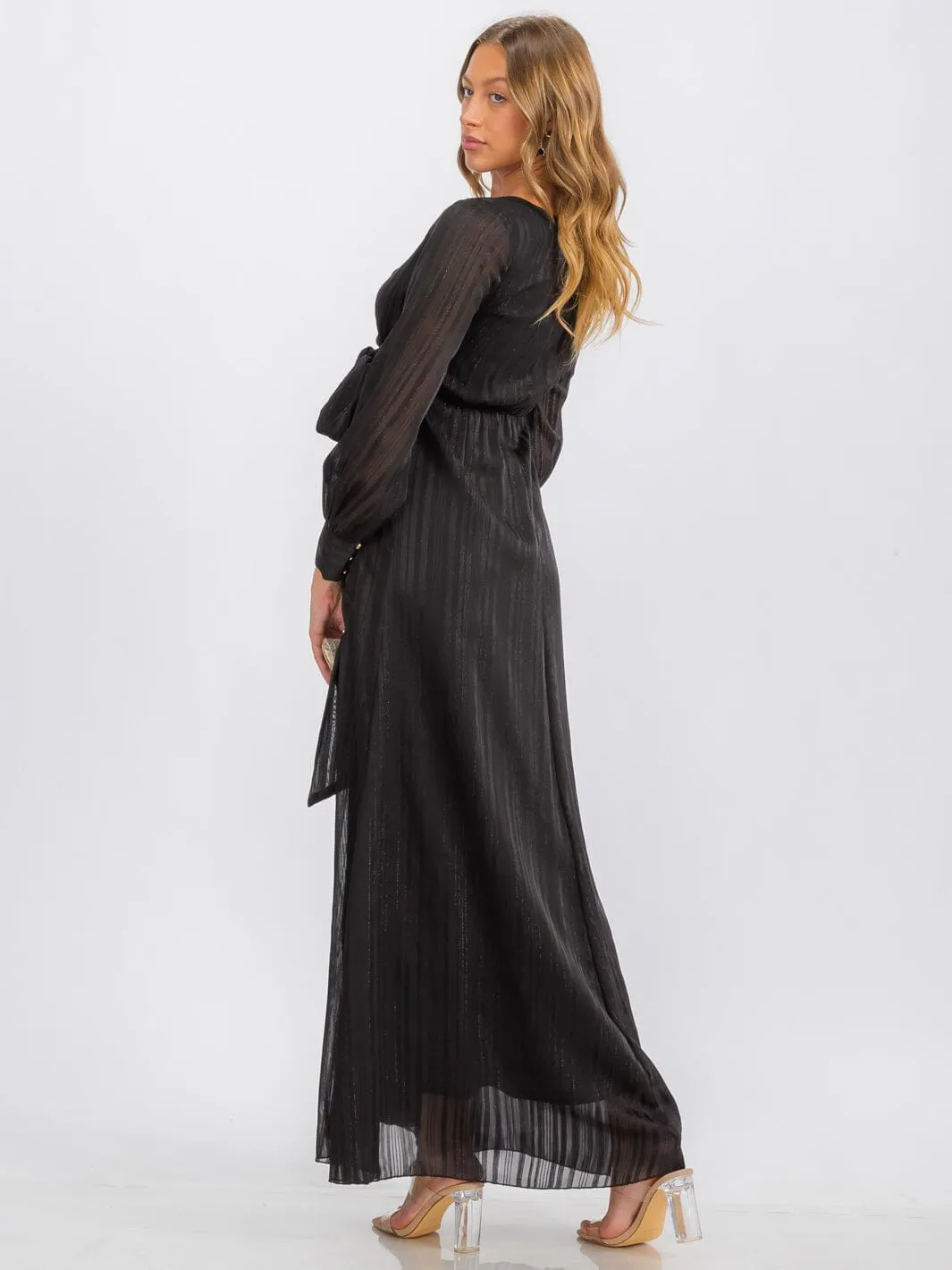 WOMEN'S LONG SLEEVE SURPLICE SELF TIE SHIMMER MAXI DRESS