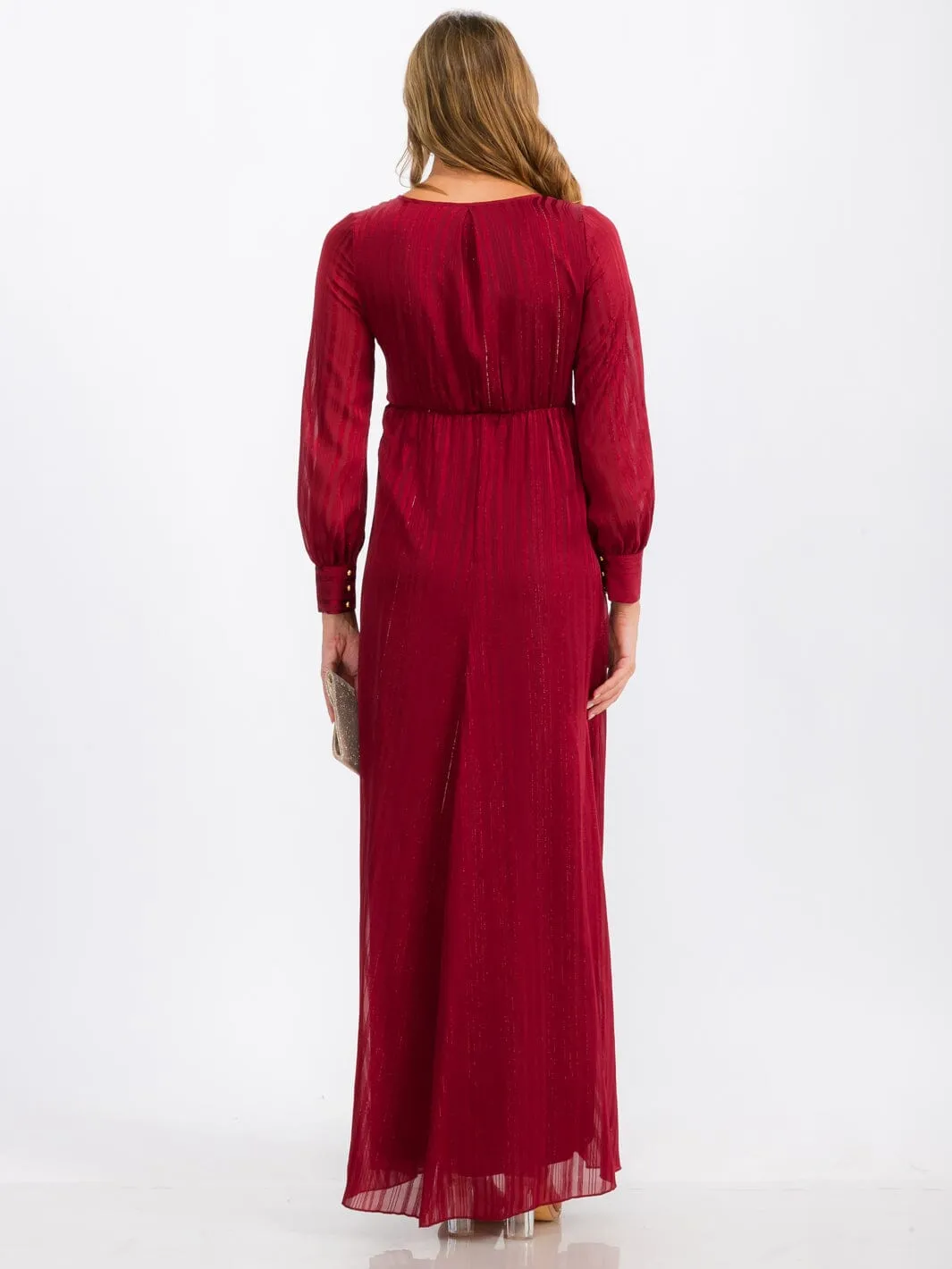 WOMEN'S LONG SLEEVE SURPLICE SELF TIE SHIMMER MAXI DRESS