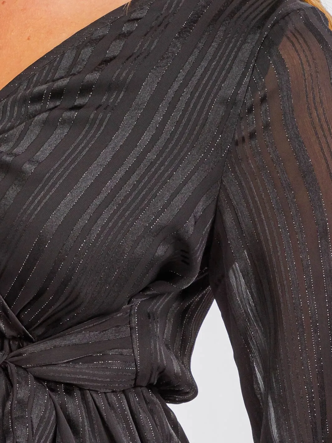 WOMEN'S LONG SLEEVE SURPLICE SELF TIE SHIMMER MAXI DRESS