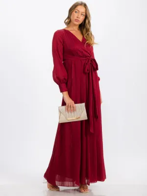 WOMEN'S LONG SLEEVE SURPLICE SELF TIE SHIMMER MAXI DRESS