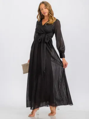 WOMEN'S LONG SLEEVE SURPLICE SELF TIE SHIMMER MAXI DRESS