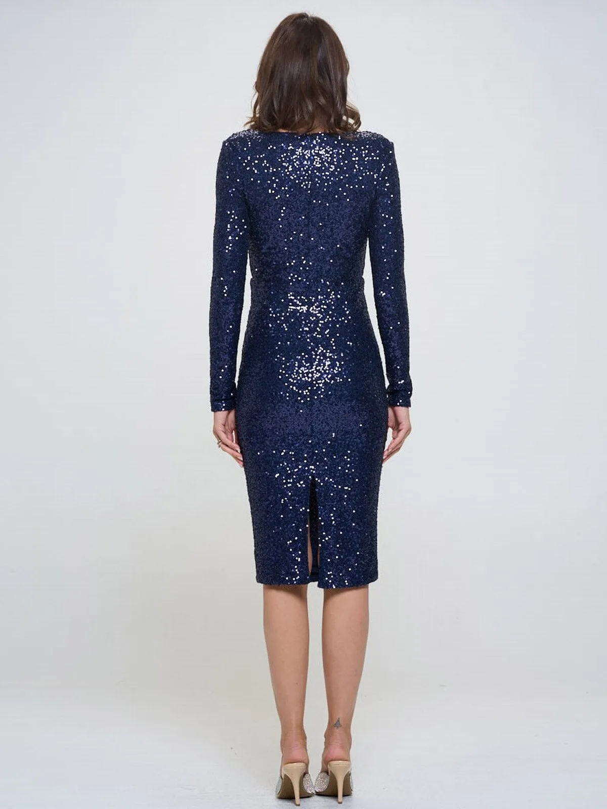WOMEN'S LONG SLEEVE V-NECK FRONT RUCHED BODYCON SEQUINS MIDI DRESS