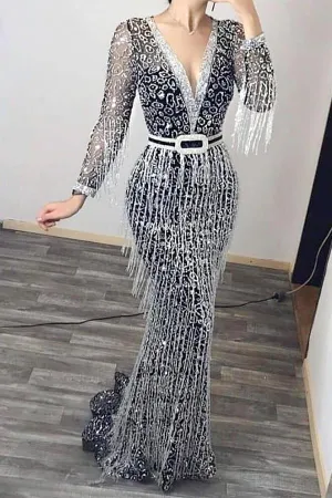 Women's New Dress Long Sleeve Bronzing Tassel Dress