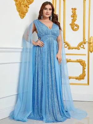 Women's Plus Size Plunging Neck Cloak Sleeve Sequin Formal Dress