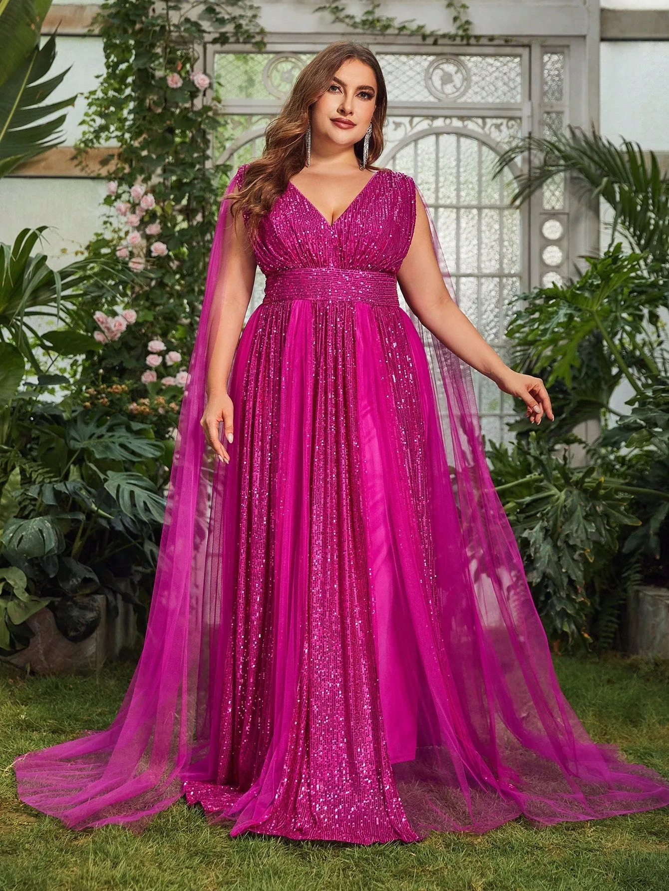 Women's Plus Size Plunging Neck Cloak Sleeve Sequin Formal Dress