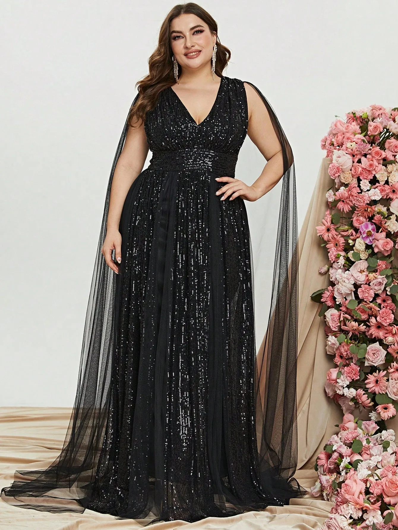 Women's Plus Size Plunging Neck Cloak Sleeve Sequin Formal Dress