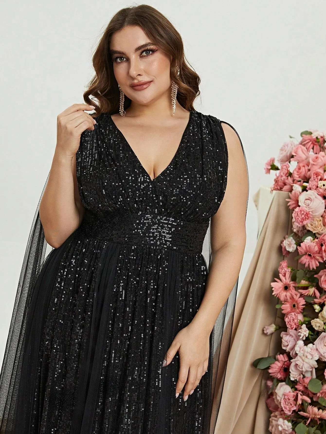 Women's Plus Size Plunging Neck Cloak Sleeve Sequin Formal Dress