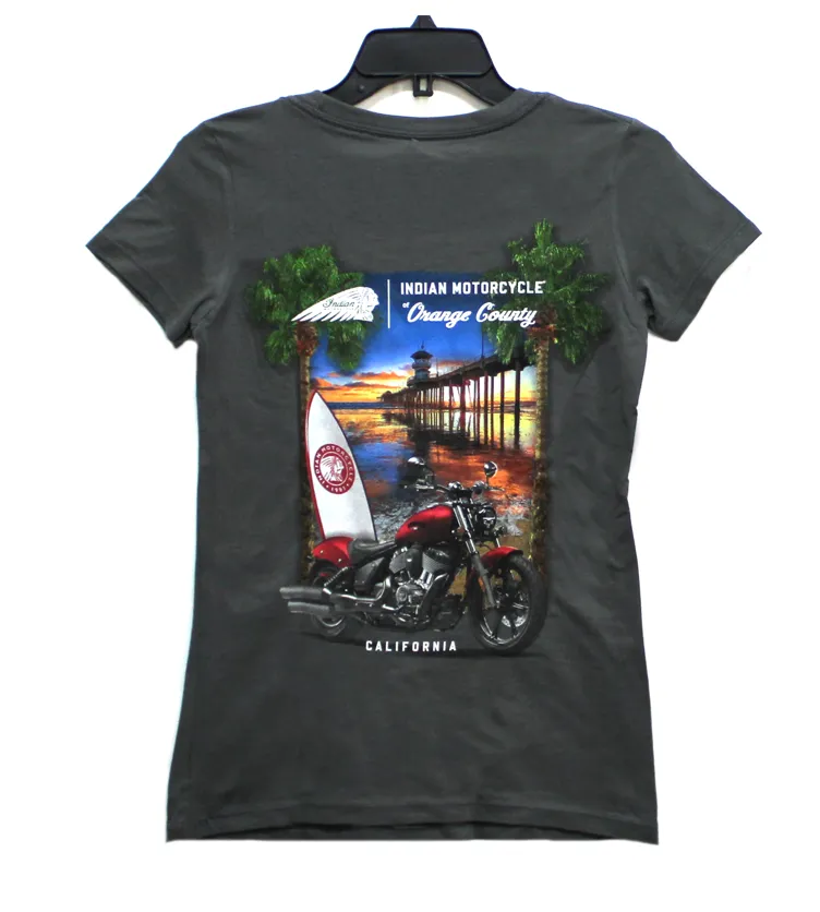 WOMEN'S SHORT SLEEVE DARK GREY INDIAN MOTORCYCLE OF ORANGE COUNTY DEALER TEE