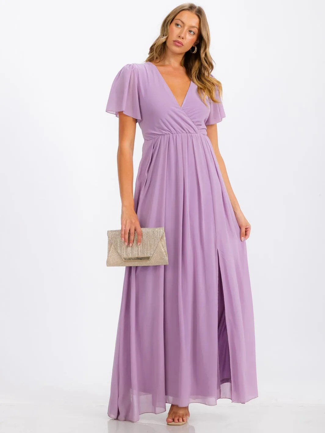 WOMEN'S SHORT SLEEVE SURPLICE SELF TIE MAXI DRESS