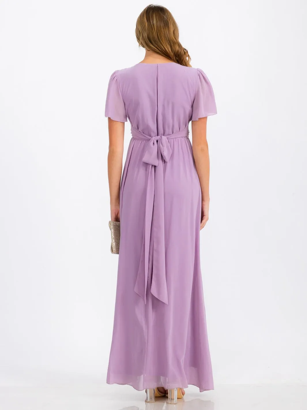 WOMEN'S SHORT SLEEVE SURPLICE SELF TIE MAXI DRESS