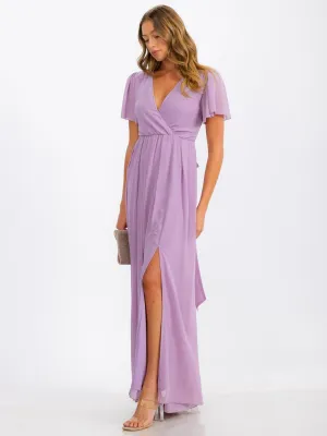 WOMEN'S SHORT SLEEVE SURPLICE SELF TIE MAXI DRESS