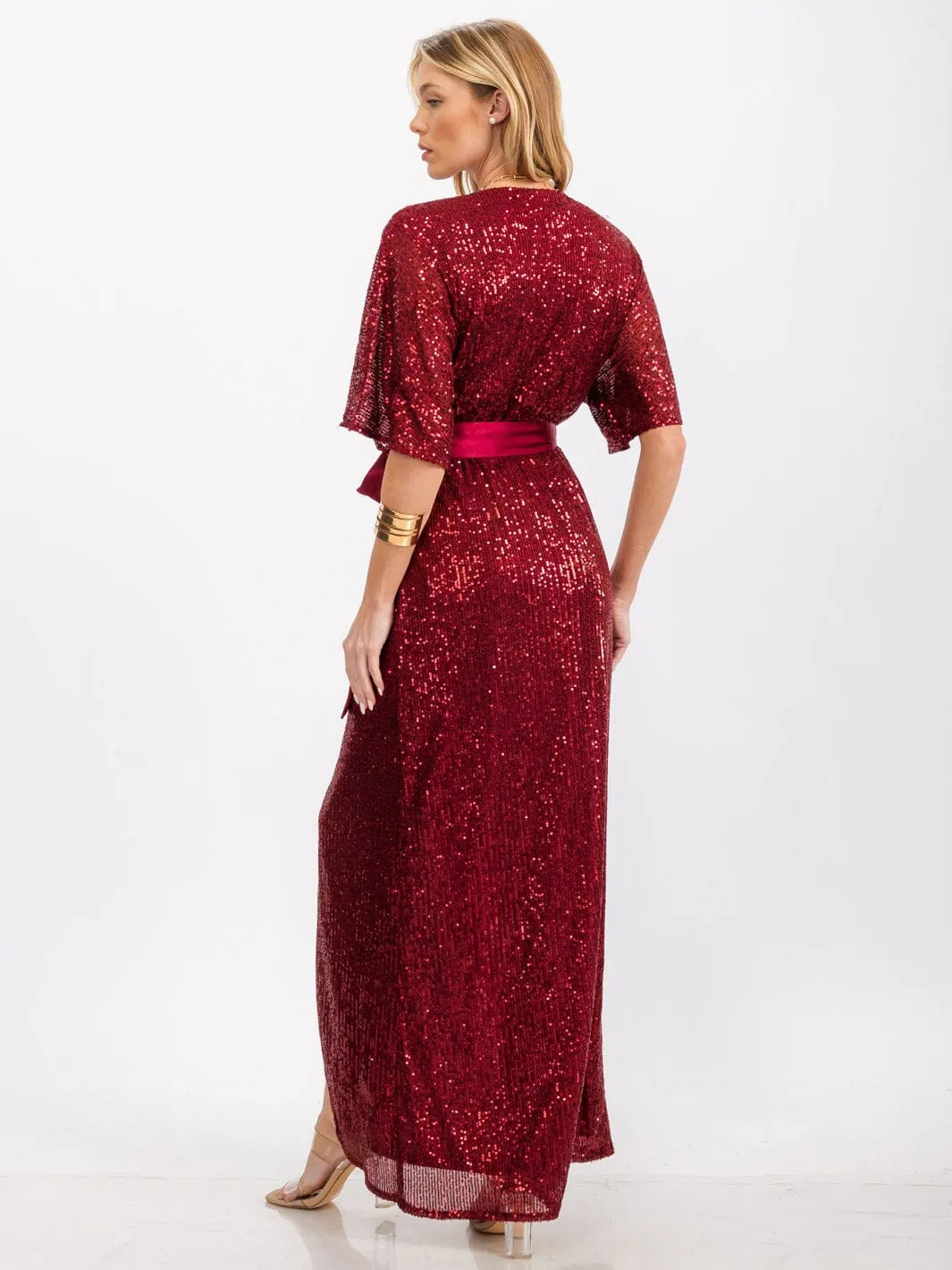 WOMEN'S SHORT SLEEVE SURPLICE SELF TIE SEQUINS MAXI DRESS