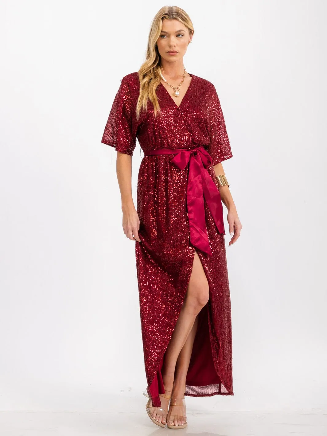 WOMEN'S SHORT SLEEVE SURPLICE SELF TIE SEQUINS MAXI DRESS