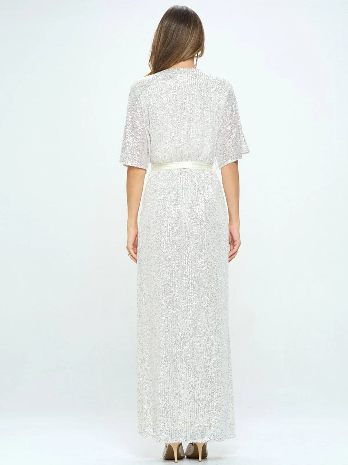 WOMEN'S SHORT SLEEVE SURPLICE SELF TIE SEQUINS MAXI DRESS