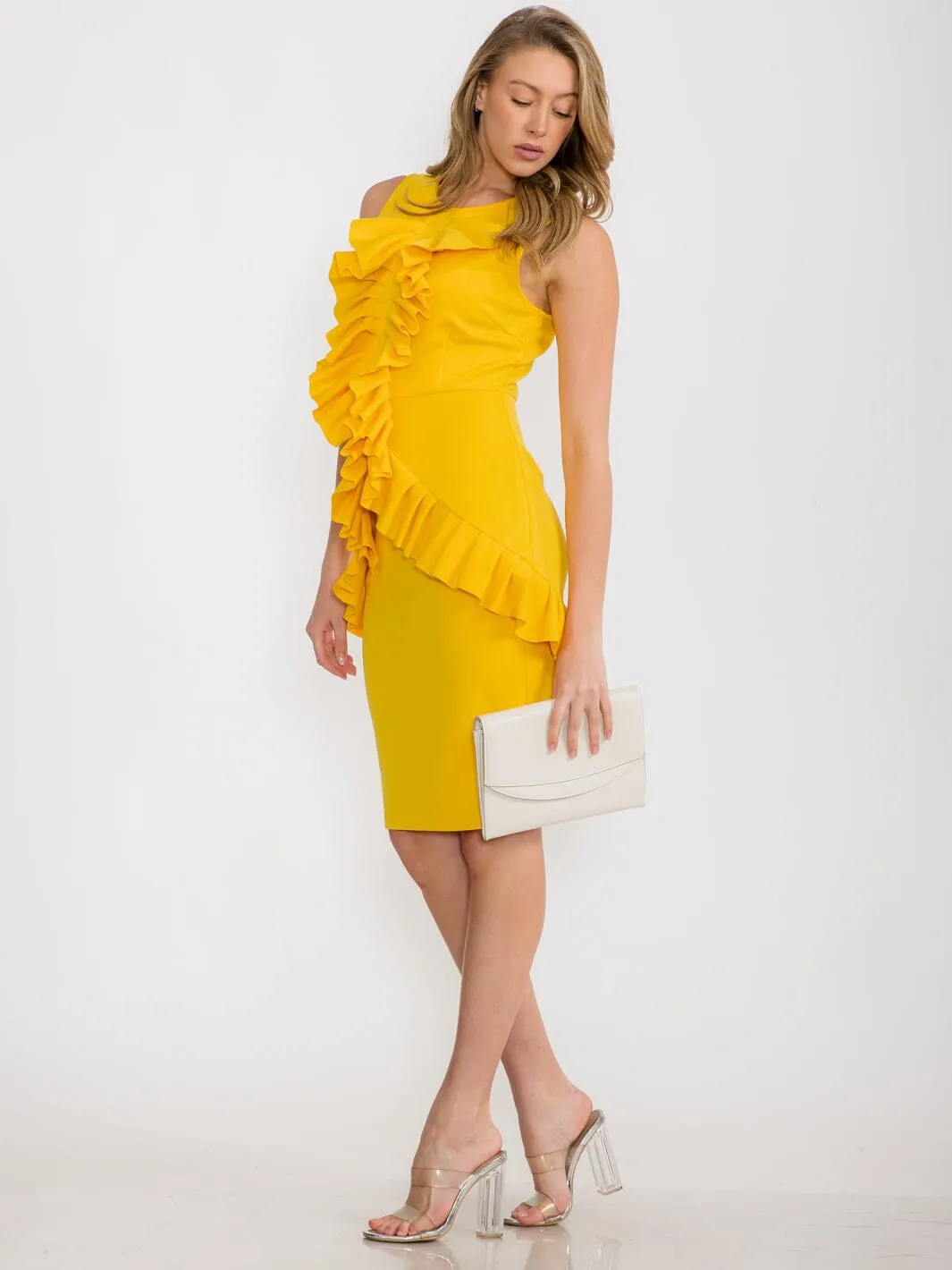 WOMEN'S SLEEVELESS RUFFLE BODYCON MIDI DRESS