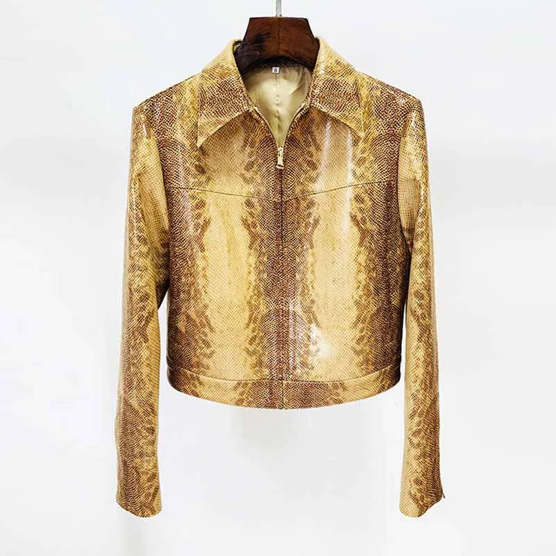 Women's Snake Patterned Pantsuit Leather Jacket and Flare Bottoms Two Pieces Suit