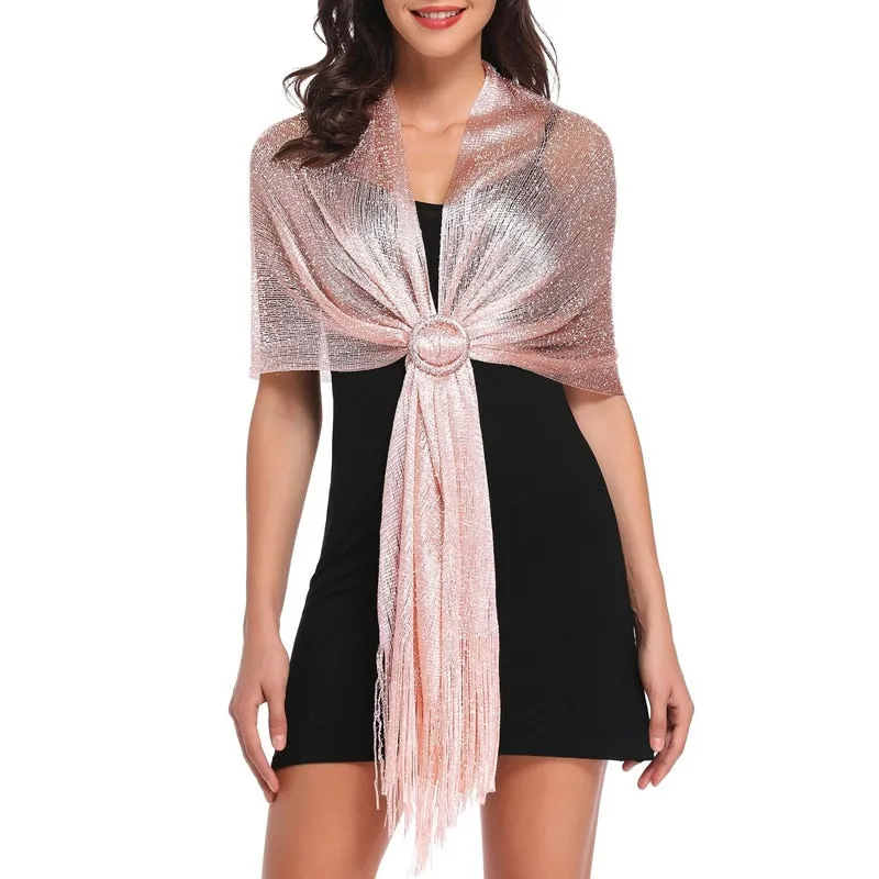 Women's Sparkling Metallic Shawl Scarf with Buckle