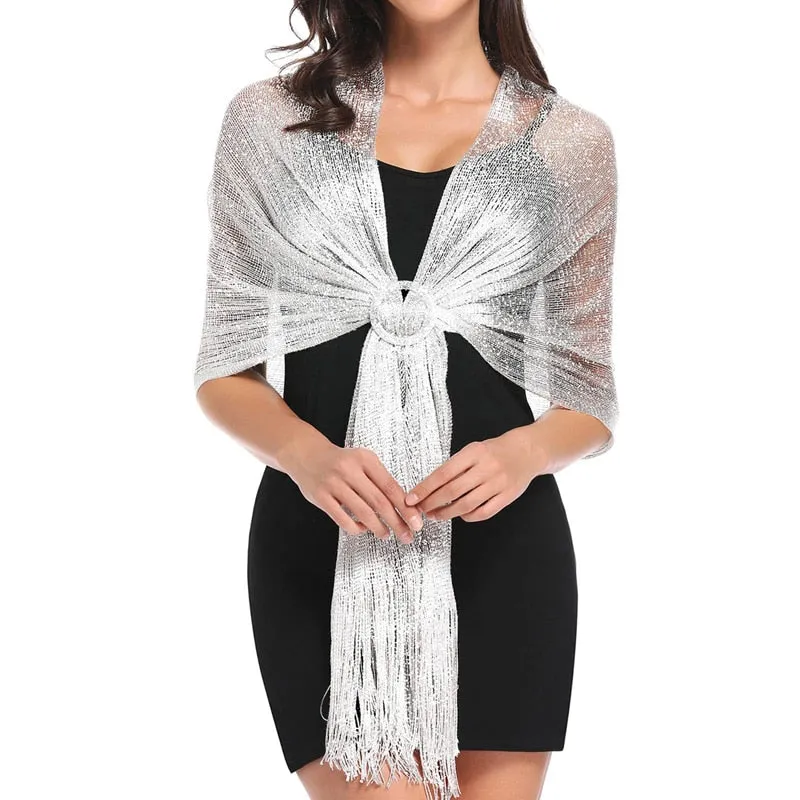 Women's Sparkling Metallic Shawl Scarf with Buckle