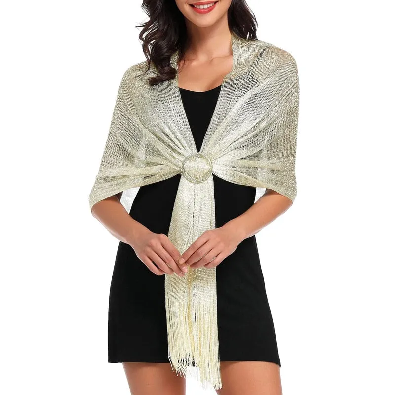 Women's Sparkling Metallic Shawl Scarf with Buckle