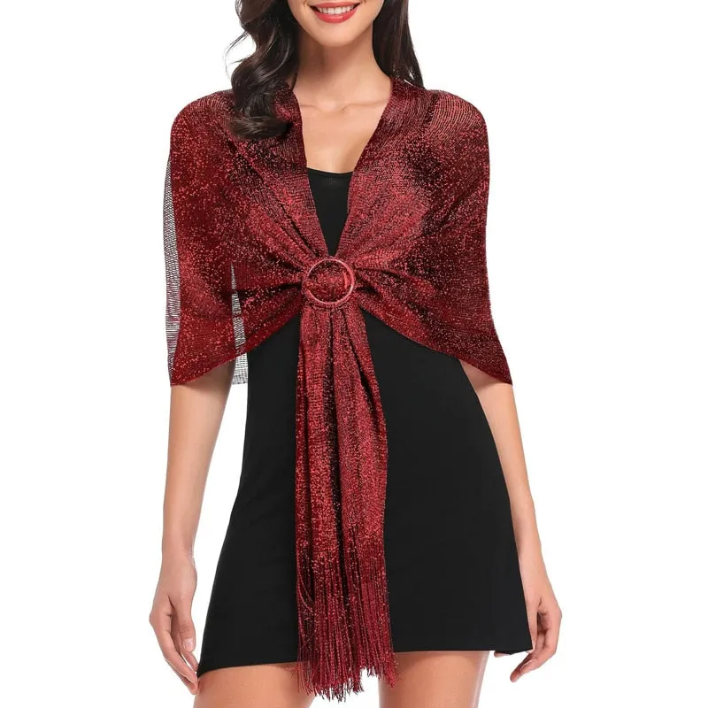 Women's Sparkling Metallic Shawl Scarf with Buckle
