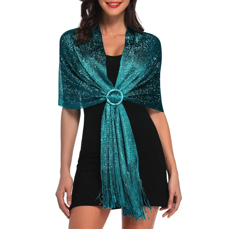 Women's Sparkling Metallic Shawl Scarf with Buckle