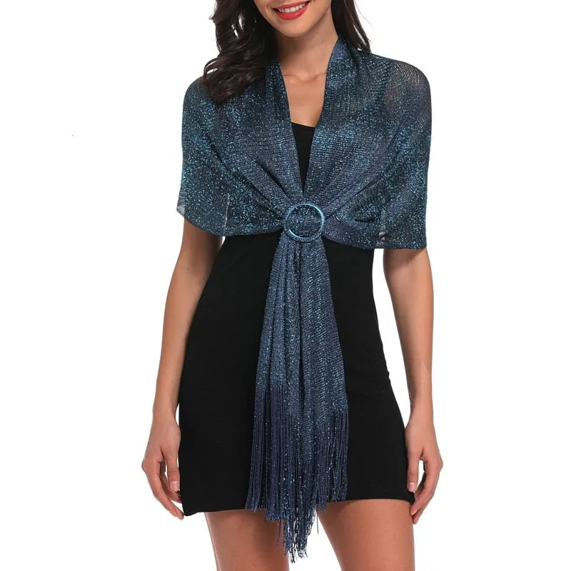 Women's Sparkling Metallic Shawl Scarf with Buckle
