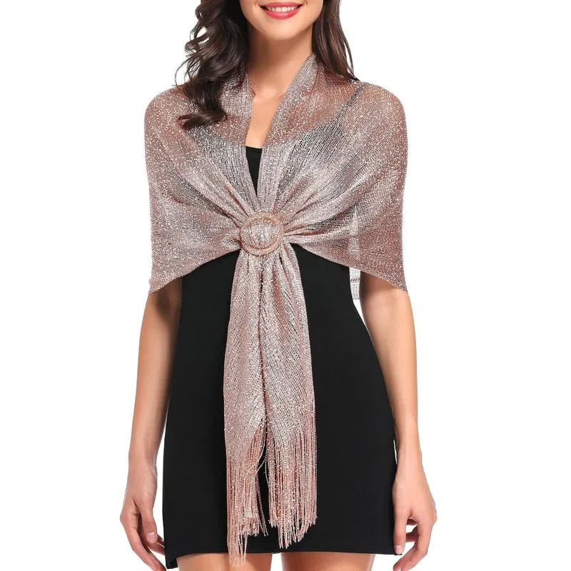 Women's Sparkling Metallic Shawl Scarf with Buckle