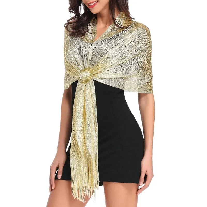 Women's Sparkling Metallic Shawl Scarf with Buckle