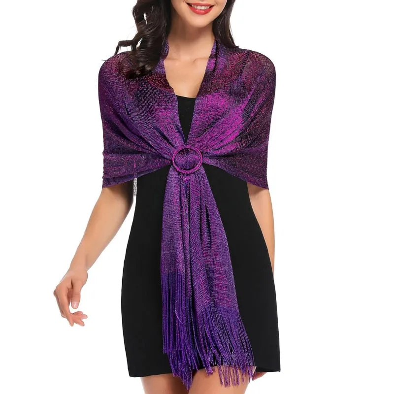 Women's Sparkling Metallic Shawl Scarf with Buckle