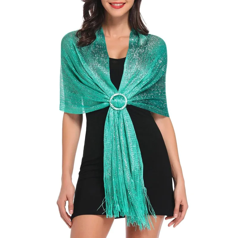 Women's Sparkling Metallic Shawl Scarf with Buckle