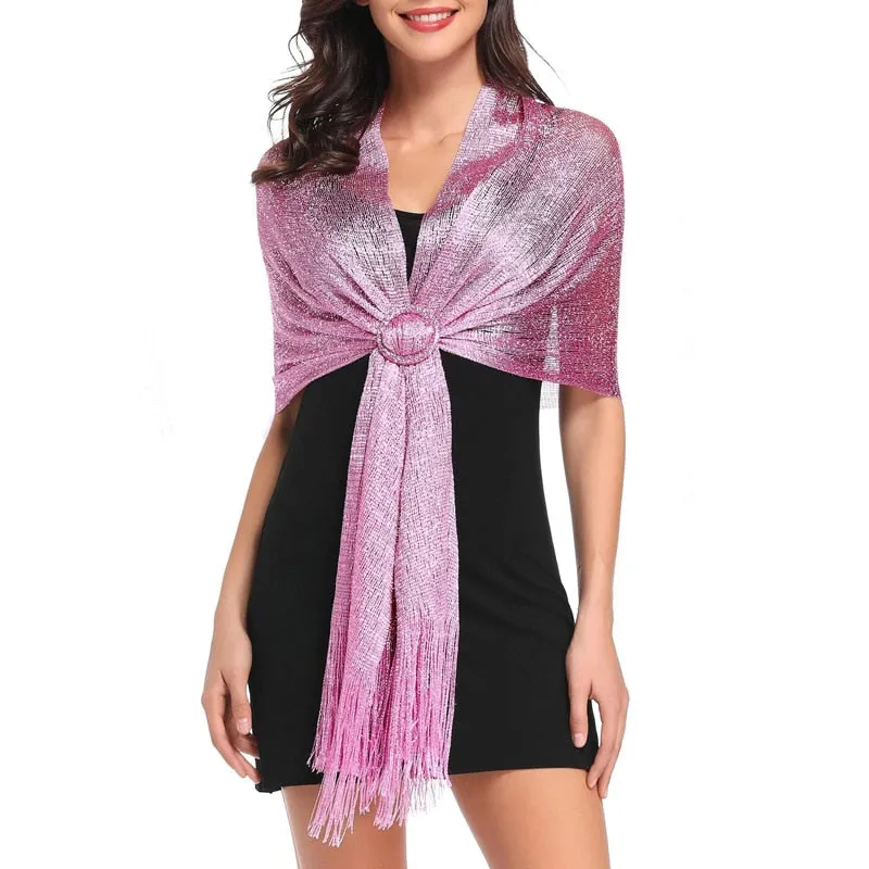 Women's Sparkling Metallic Shawl Scarf with Buckle