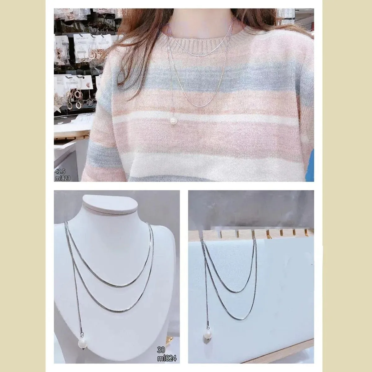 Women's Stainless Steel Necklace: Elegant Double Layered Snake Bone Chain with Pearls