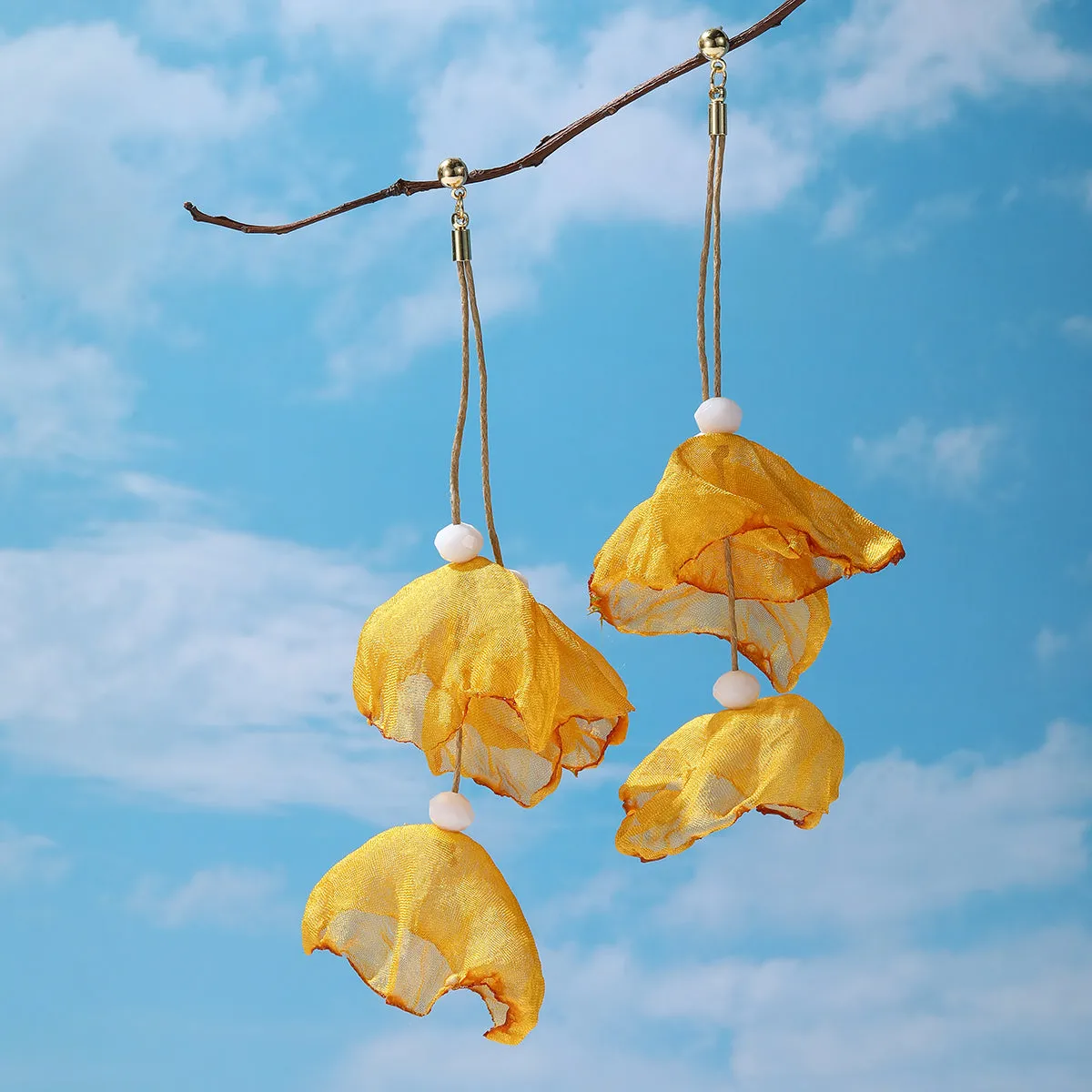 Yellow Polyster & 18K Gold-Plated Three-Petal Drop Earrings