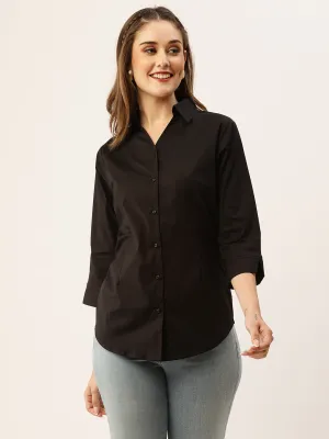 Zola Black Cotton Shirt Collar 3/4th Sleeves Formal Wear Shirt For Women