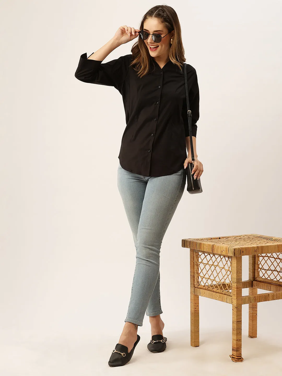 Zola Black Cotton Shirt Collar 3/4th Sleeves Formal Wear Shirt For Women