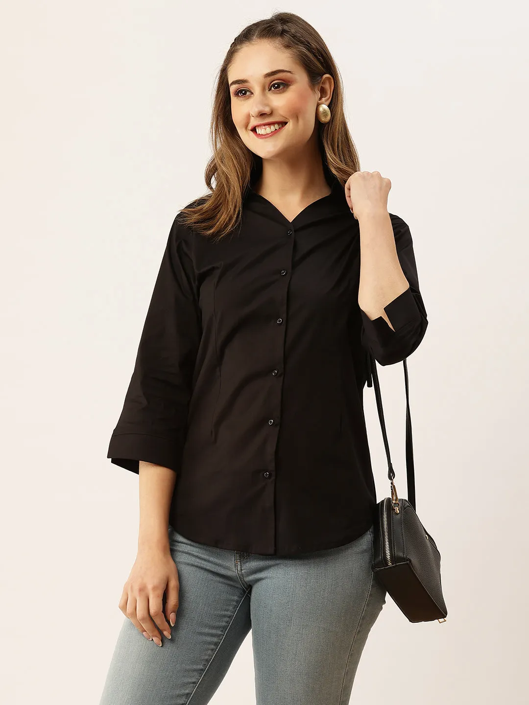 Zola Black Cotton Shirt Collar 3/4th Sleeves Formal Wear Shirt For Women