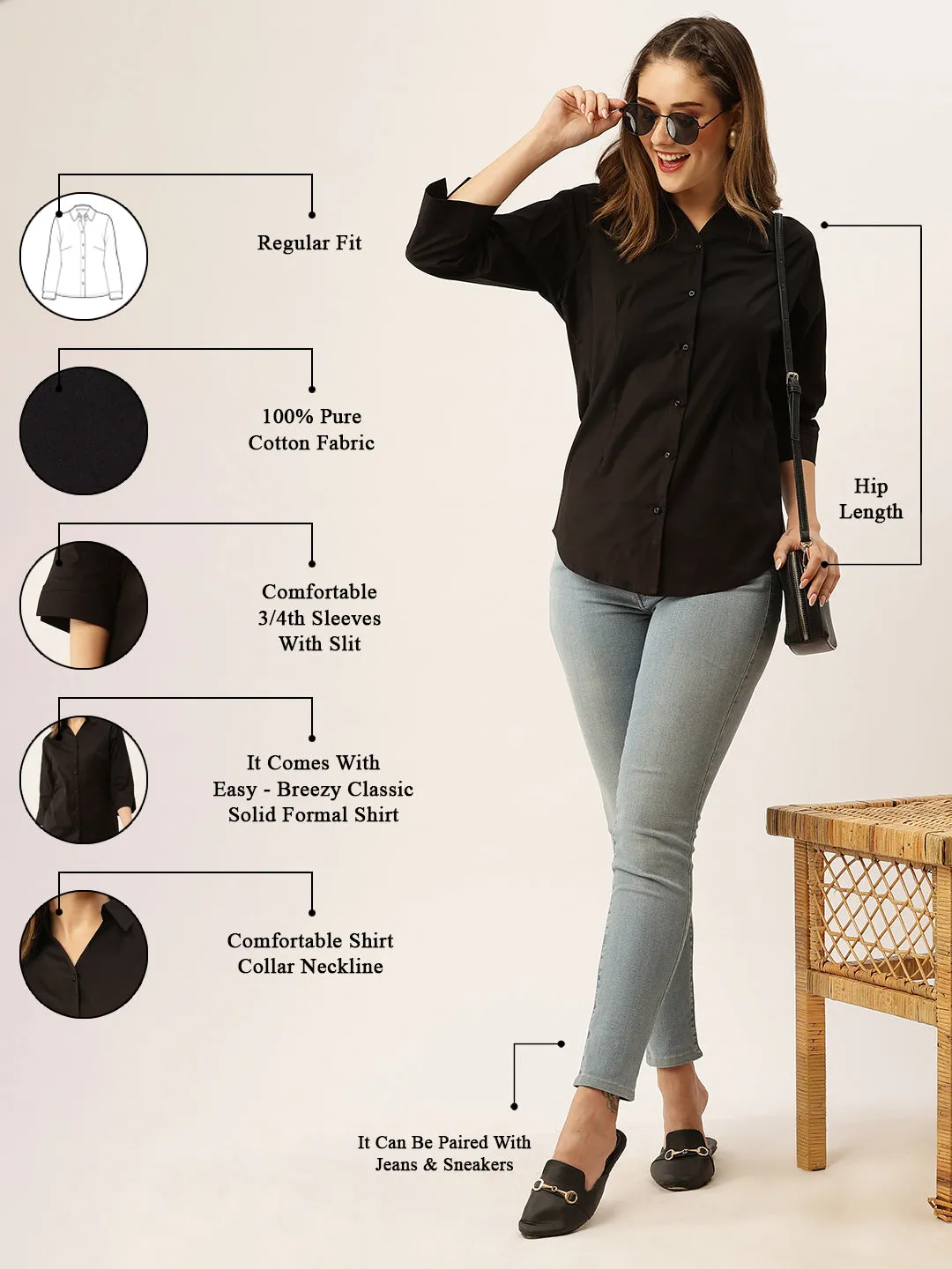 Zola Black Cotton Shirt Collar 3/4th Sleeves Formal Wear Shirt For Women
