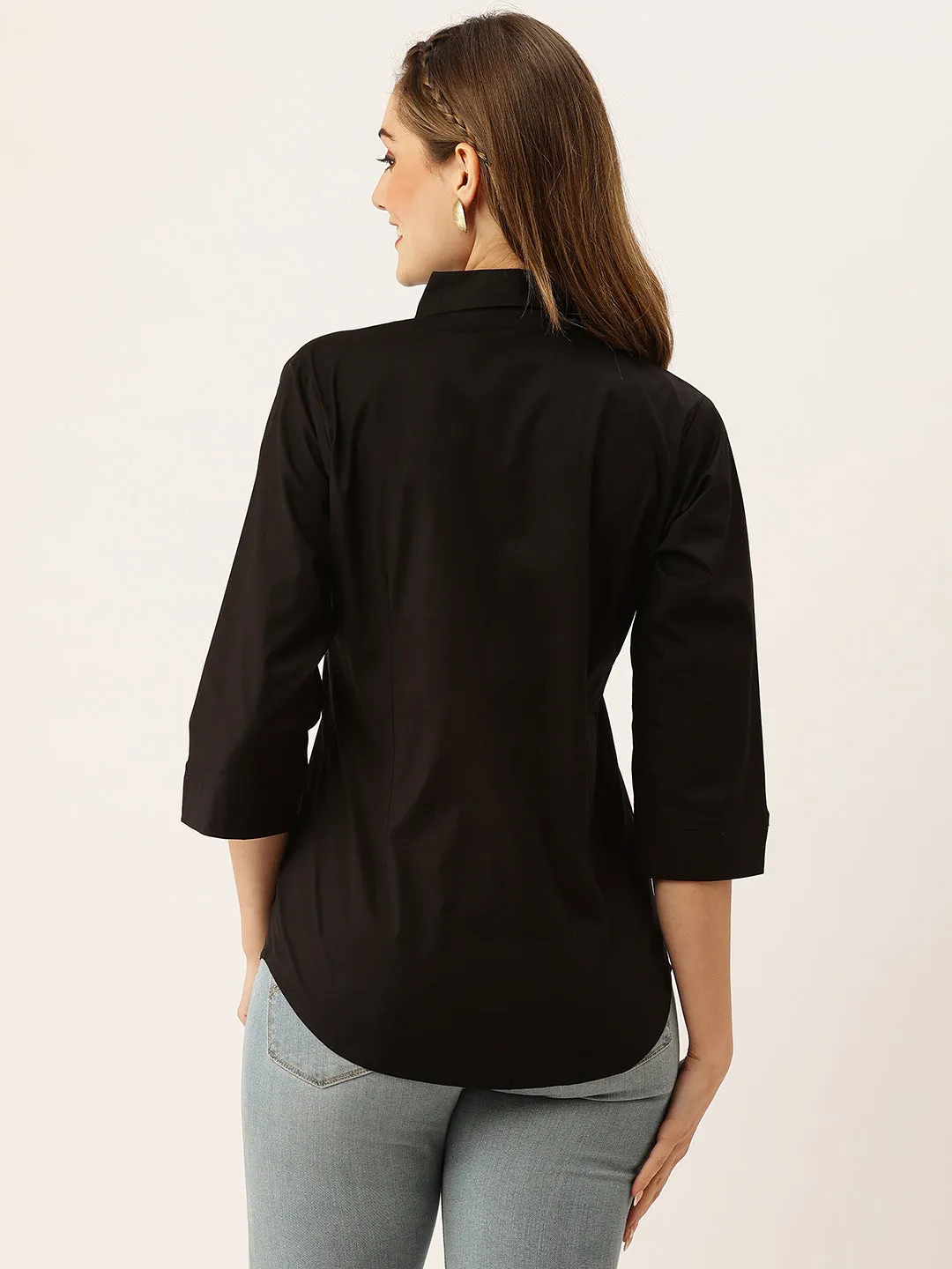 Zola Black Cotton Shirt Collar 3/4th Sleeves Formal Wear Shirt For Women