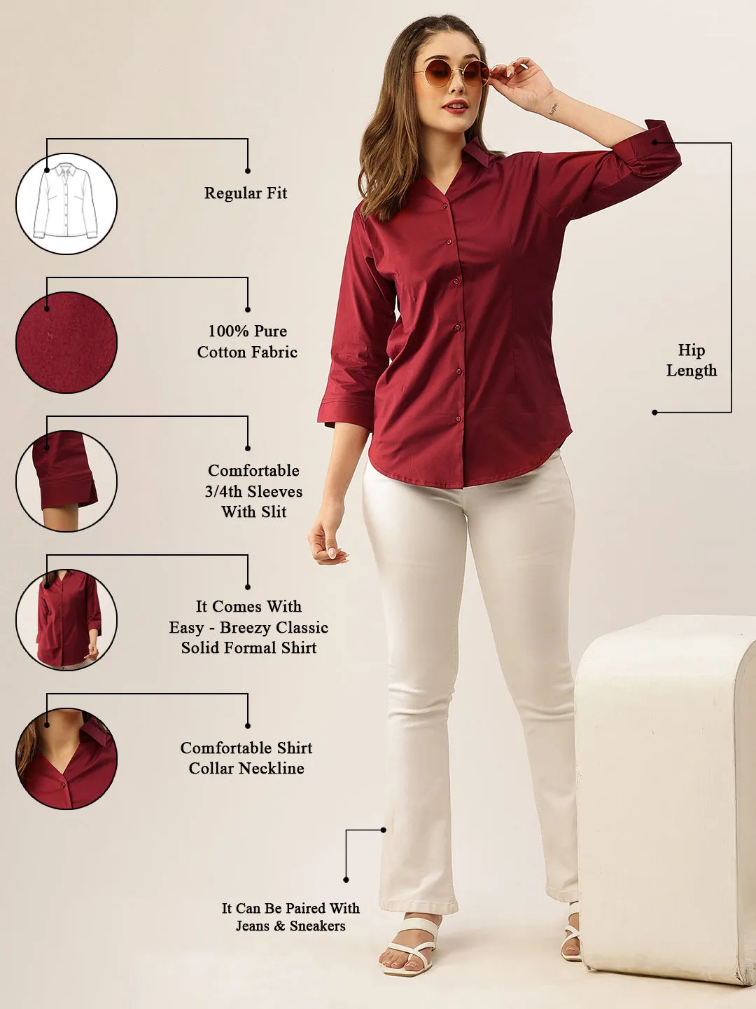 Zola Maroon Cotton Shirt Collar 3/4th Sleeves Formal Wear Shirt For Women