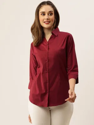 Zola Maroon Cotton Shirt Collar 3/4th Sleeves Formal Wear Shirt For Women