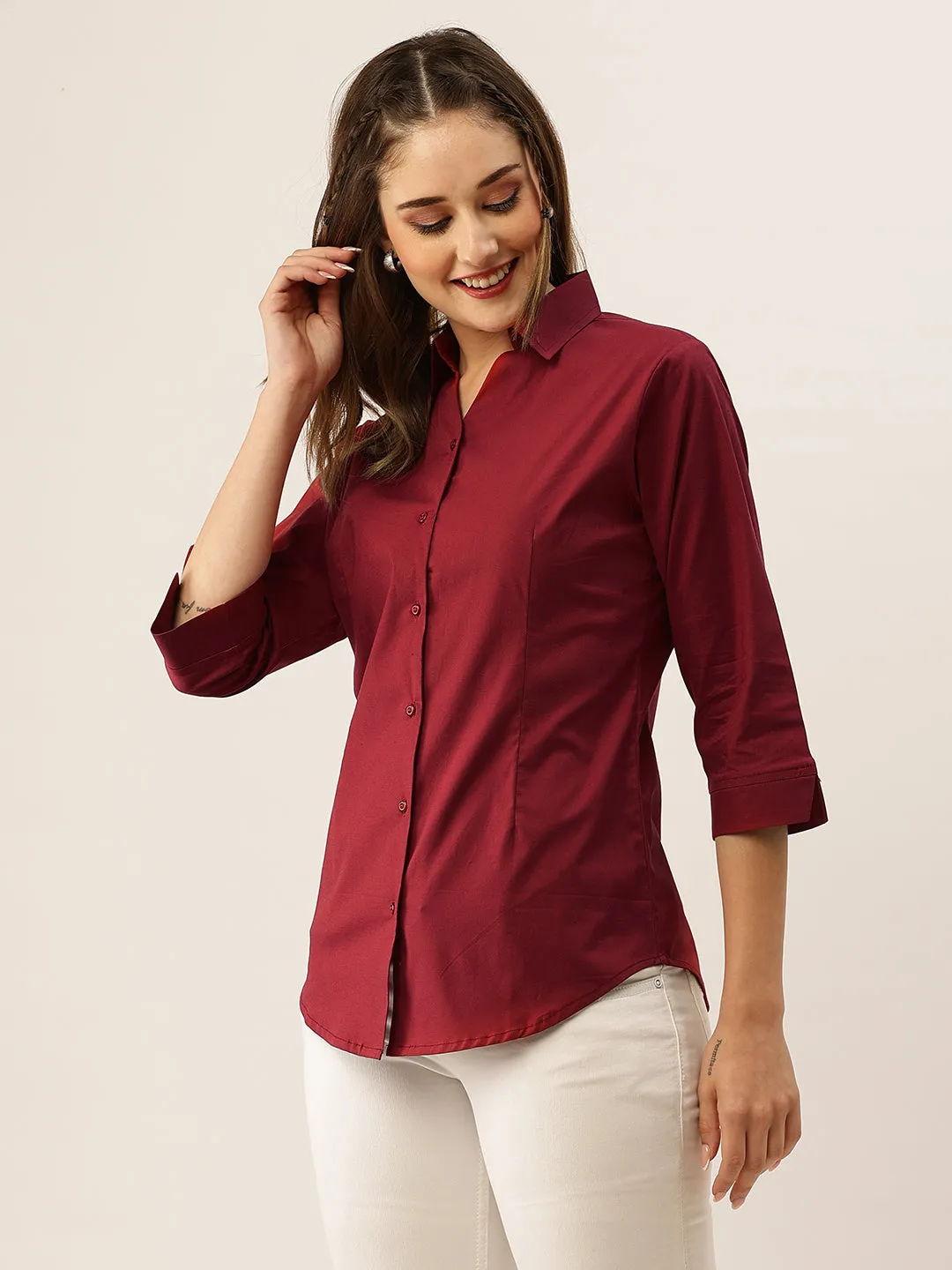 Zola Maroon Cotton Shirt Collar 3/4th Sleeves Formal Wear Shirt For Women