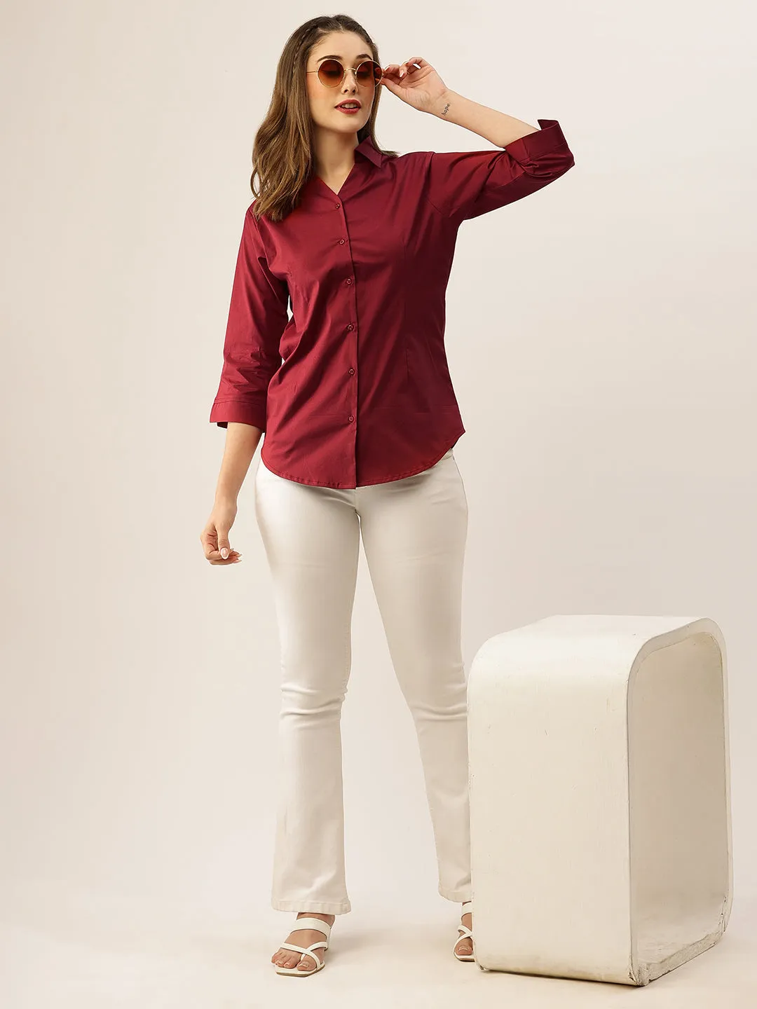 Zola Maroon Cotton Shirt Collar 3/4th Sleeves Formal Wear Shirt For Women