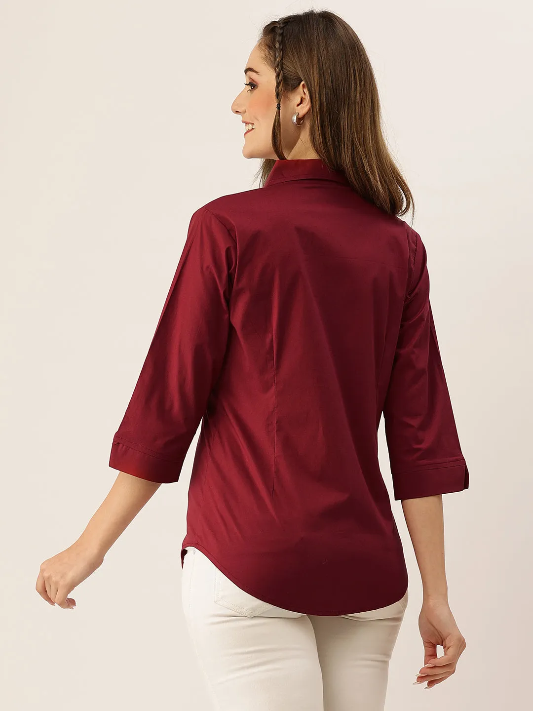 Zola Maroon Cotton Shirt Collar 3/4th Sleeves Formal Wear Shirt For Women