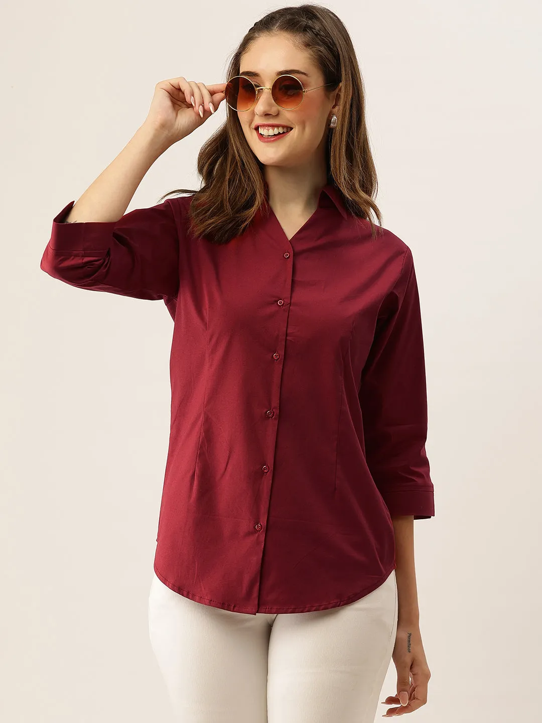 Zola Maroon Cotton Shirt Collar 3/4th Sleeves Formal Wear Shirt For Women