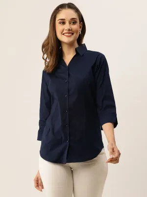 Zola Navy Blue Cotton Shirt Collar 3/4th Sleeves Formal Wear Shirt For Women